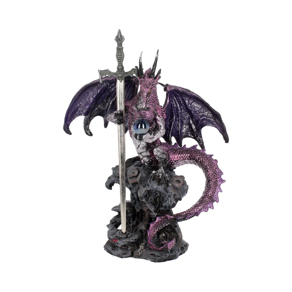 Vibrant Purple dragon, grasping a sword, to help you with your letter opening needs.