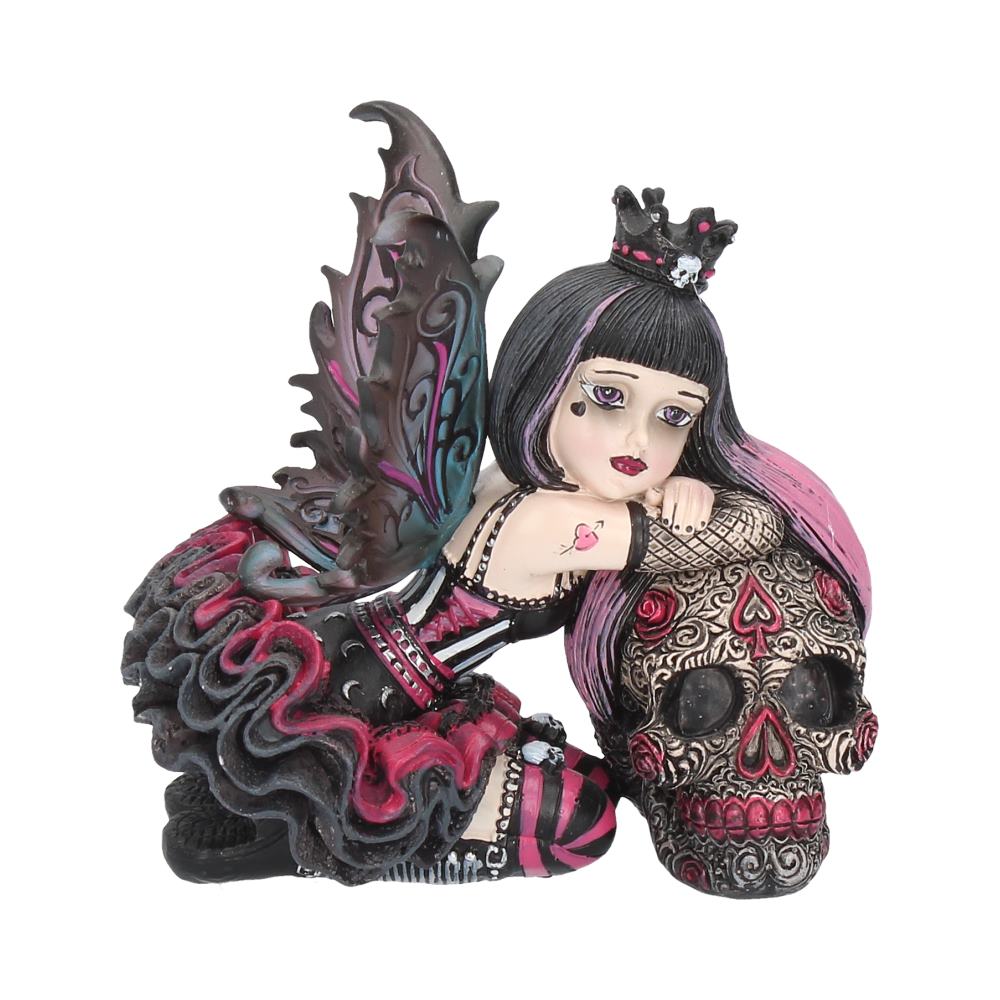 Kneeling Lolita leans on her sugar skull companion sporting beautifully pink-tipped locks.