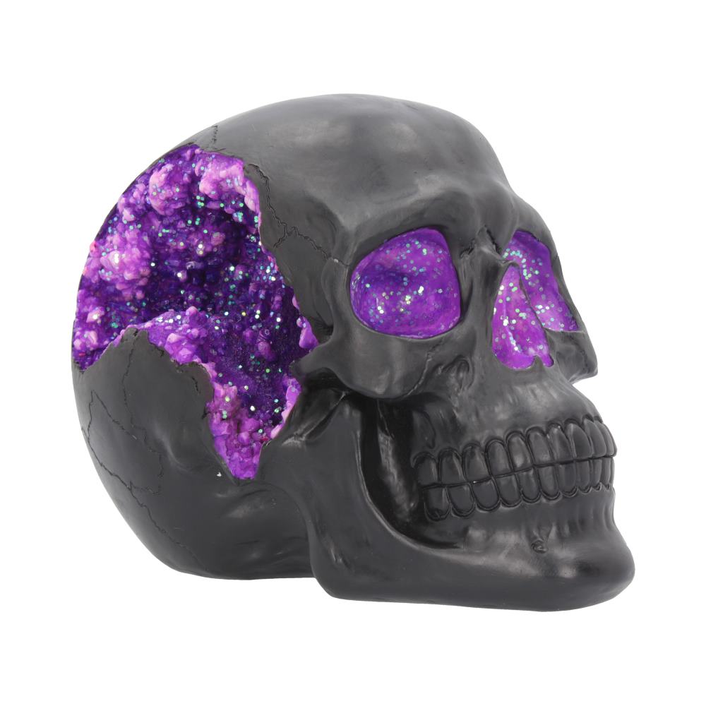 Plain matte black skull complete with a sparkling purple geode accent