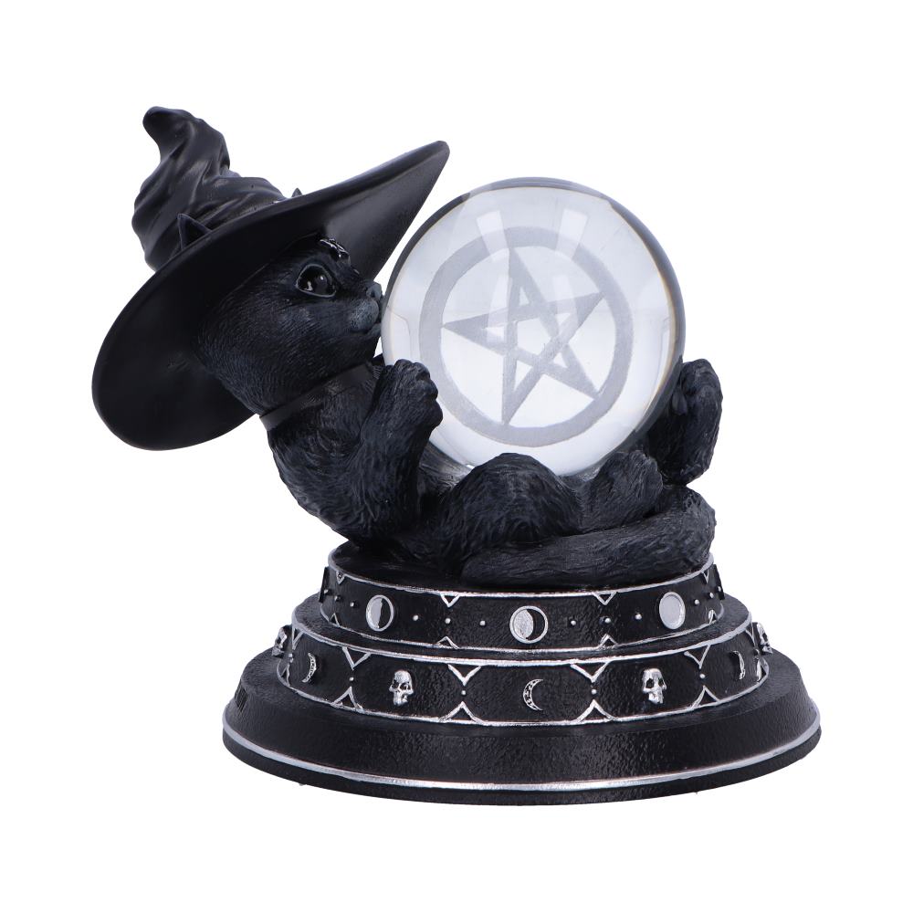 Cult Cuties Purrah the witch cat with a pentagram etched glass ball.