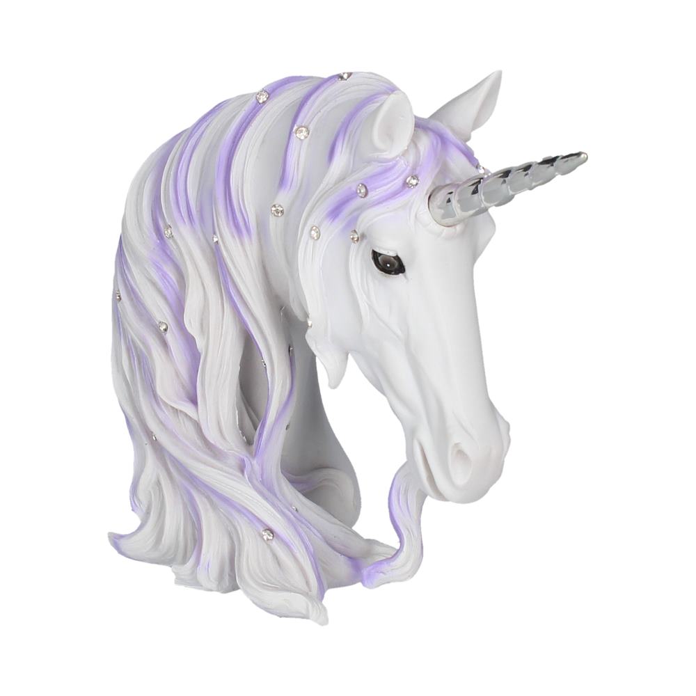 White Unicorn laced with subtle purple strands of hair and crystal jewels.