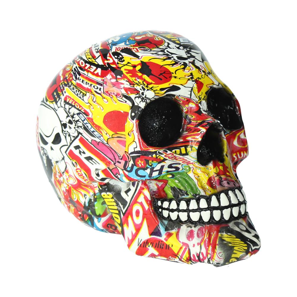 This skull is covered in repurposed corporate logos and cartoons.