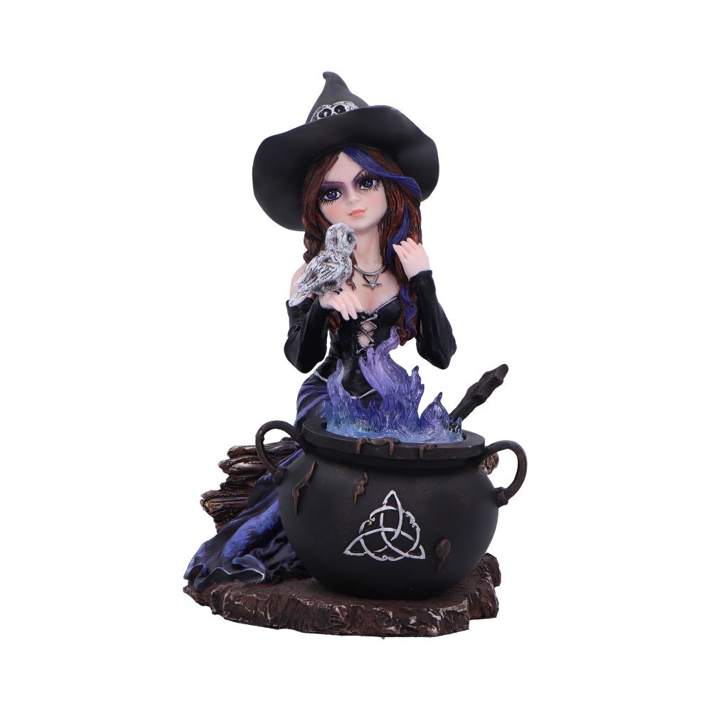Alvina is a captivating spell-casting witch sitting behind a cauldron.