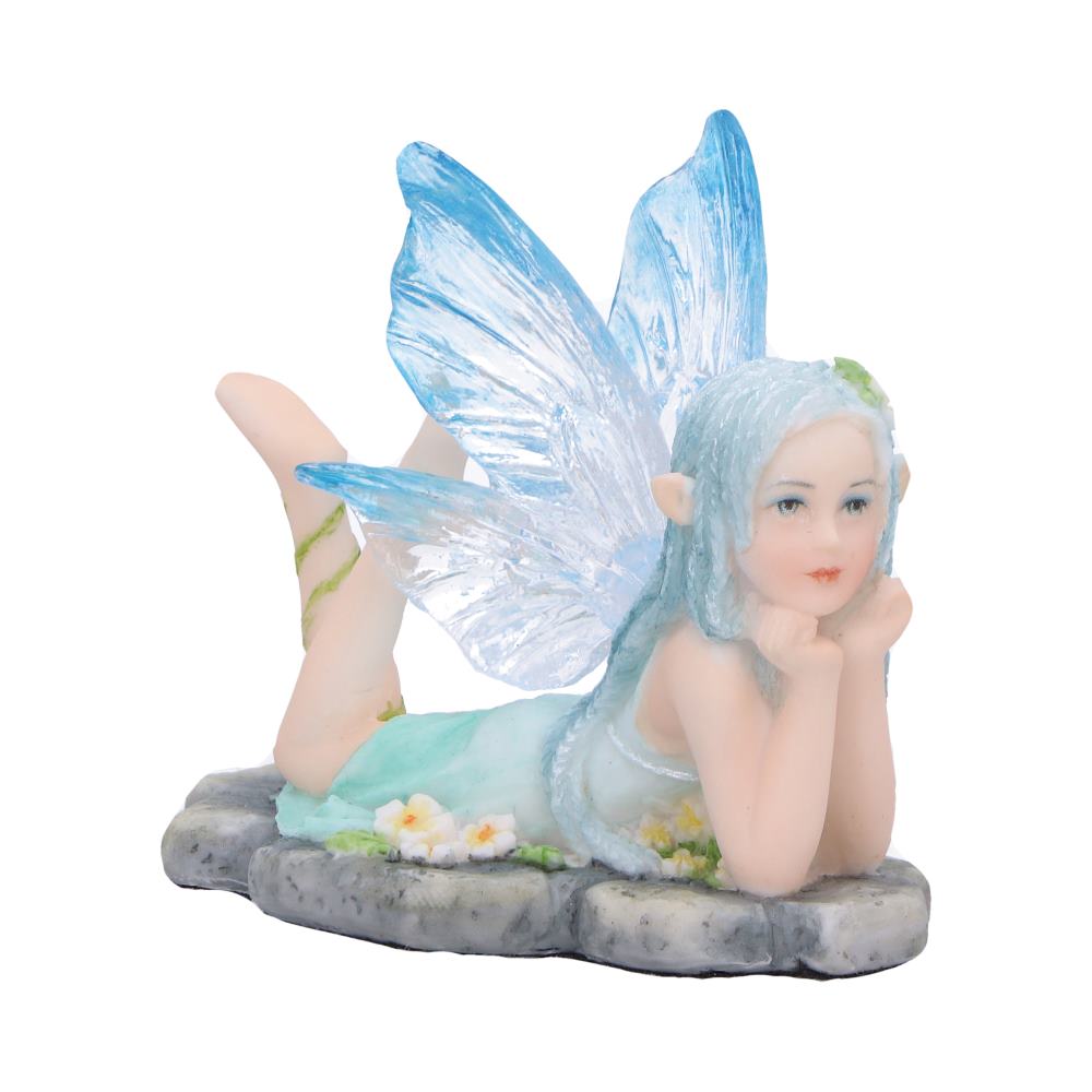 Nature Fairy Figurine is posed lying on her front with clear blue wings