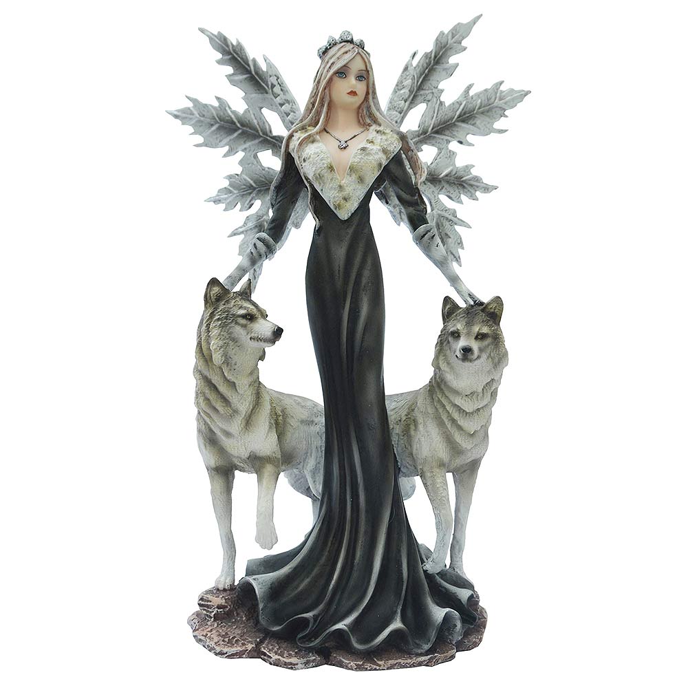 Decorative figurine of an ethereal forest guardian flanked by two wolves