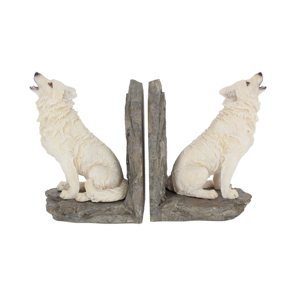 Featuring two howling white wolves.