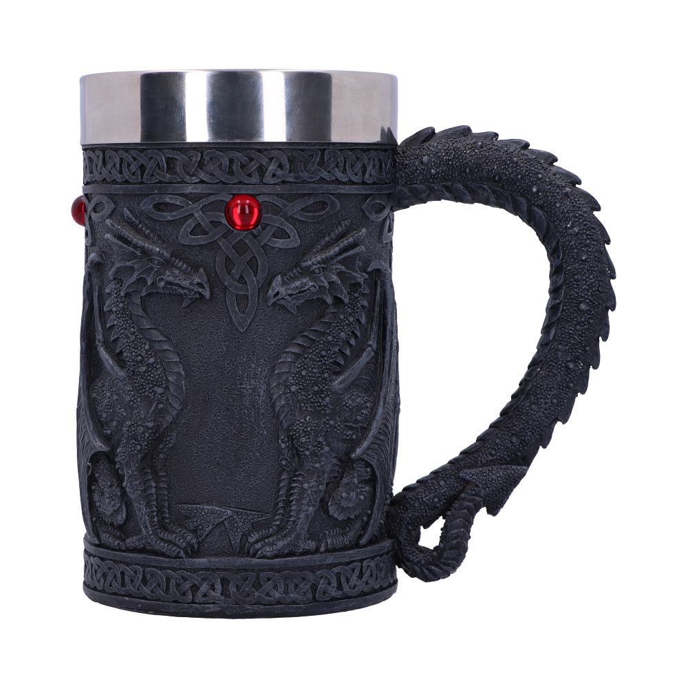 Decorated with Celtic knots and dragon pairs, under ruby gemstones