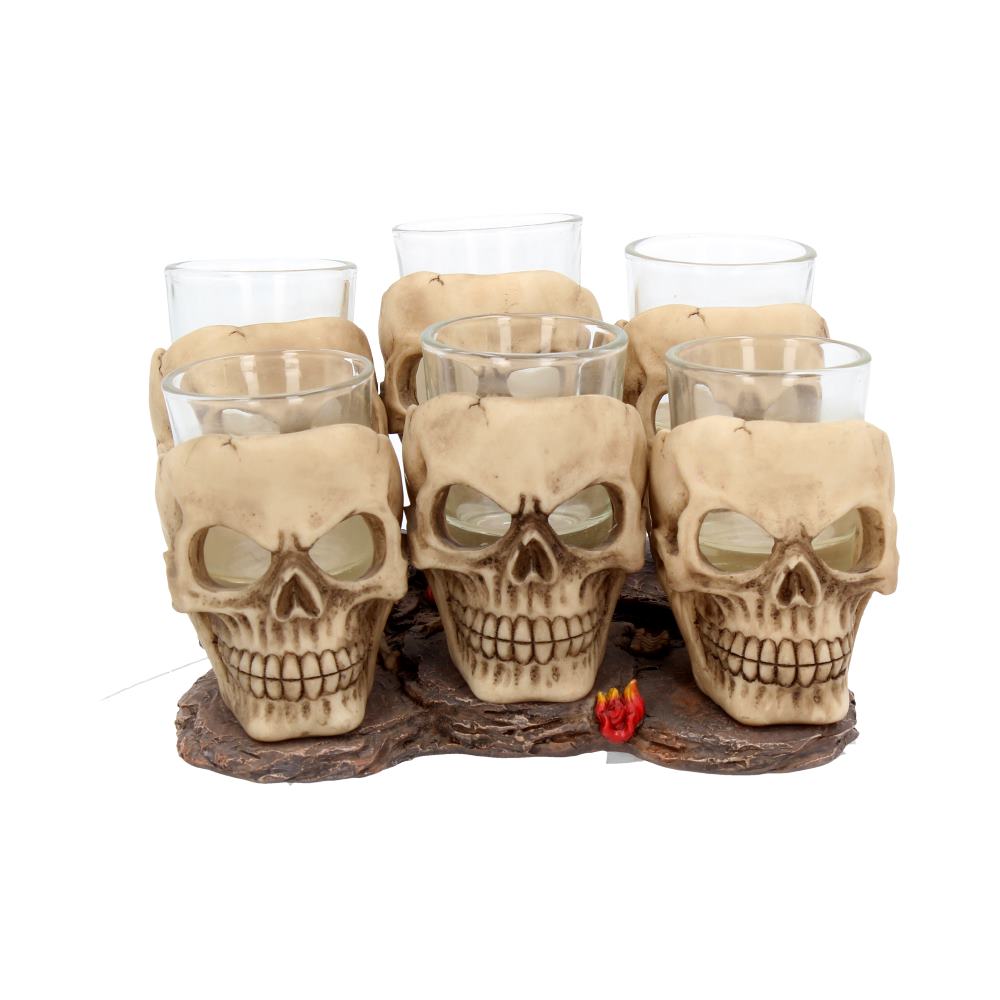 Six, resin and glass, shot glasses on a small stone-look plinth.