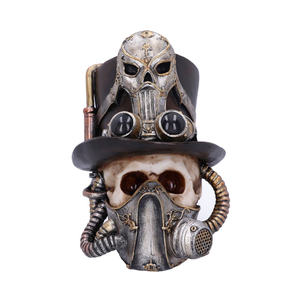 This skeletal cranium uses a respirator to breathe easy.