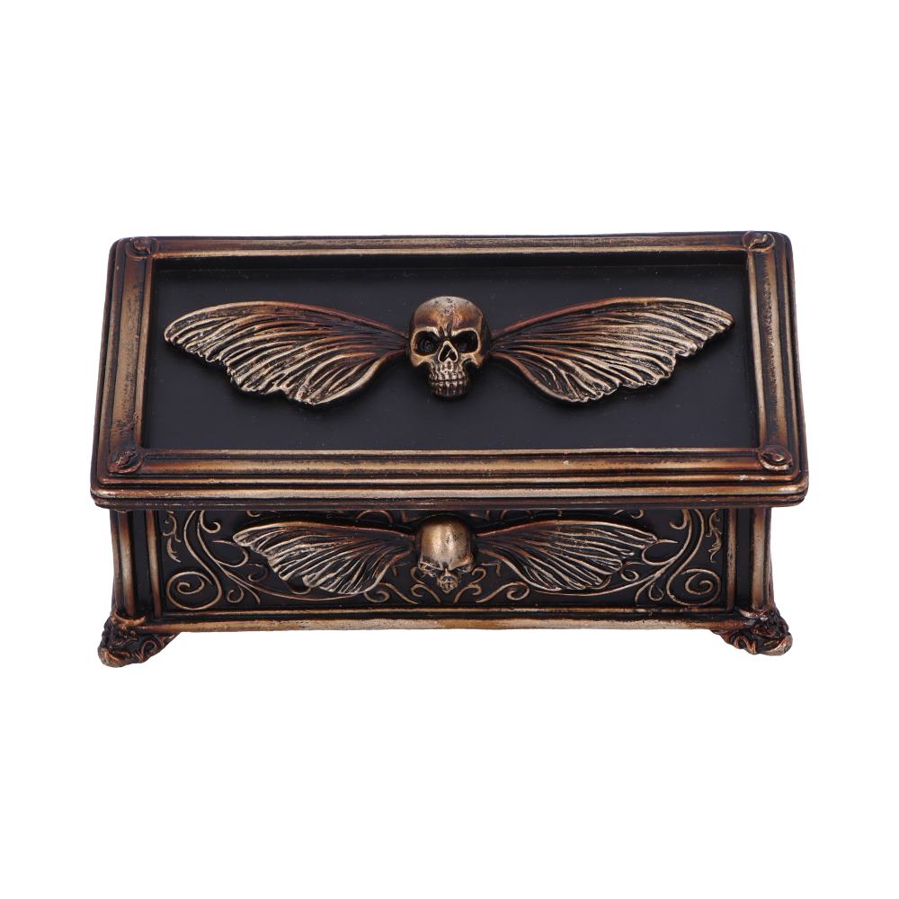Exquisitely detailed trinket box featuring a skull with moth wings, framed by ornate patterns.