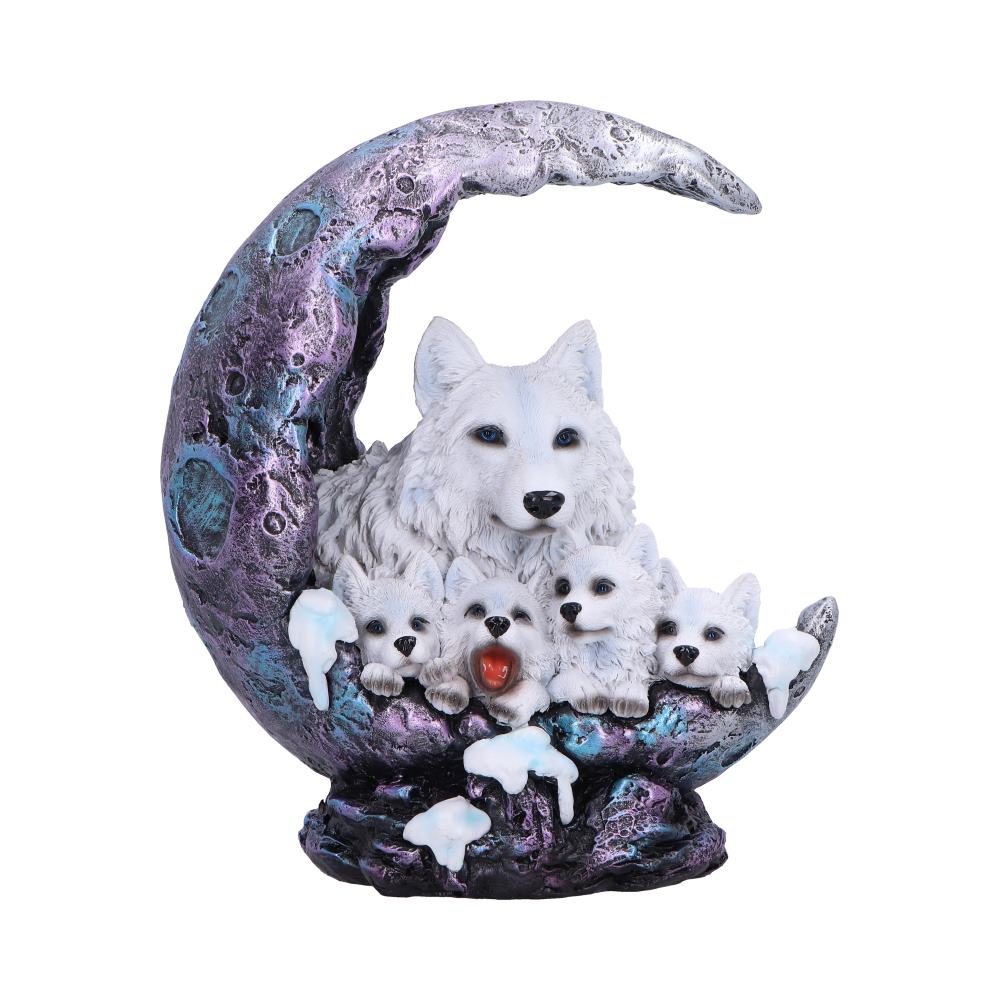 Features 4 wolf pups resting in a crescent moon with a grown wolf