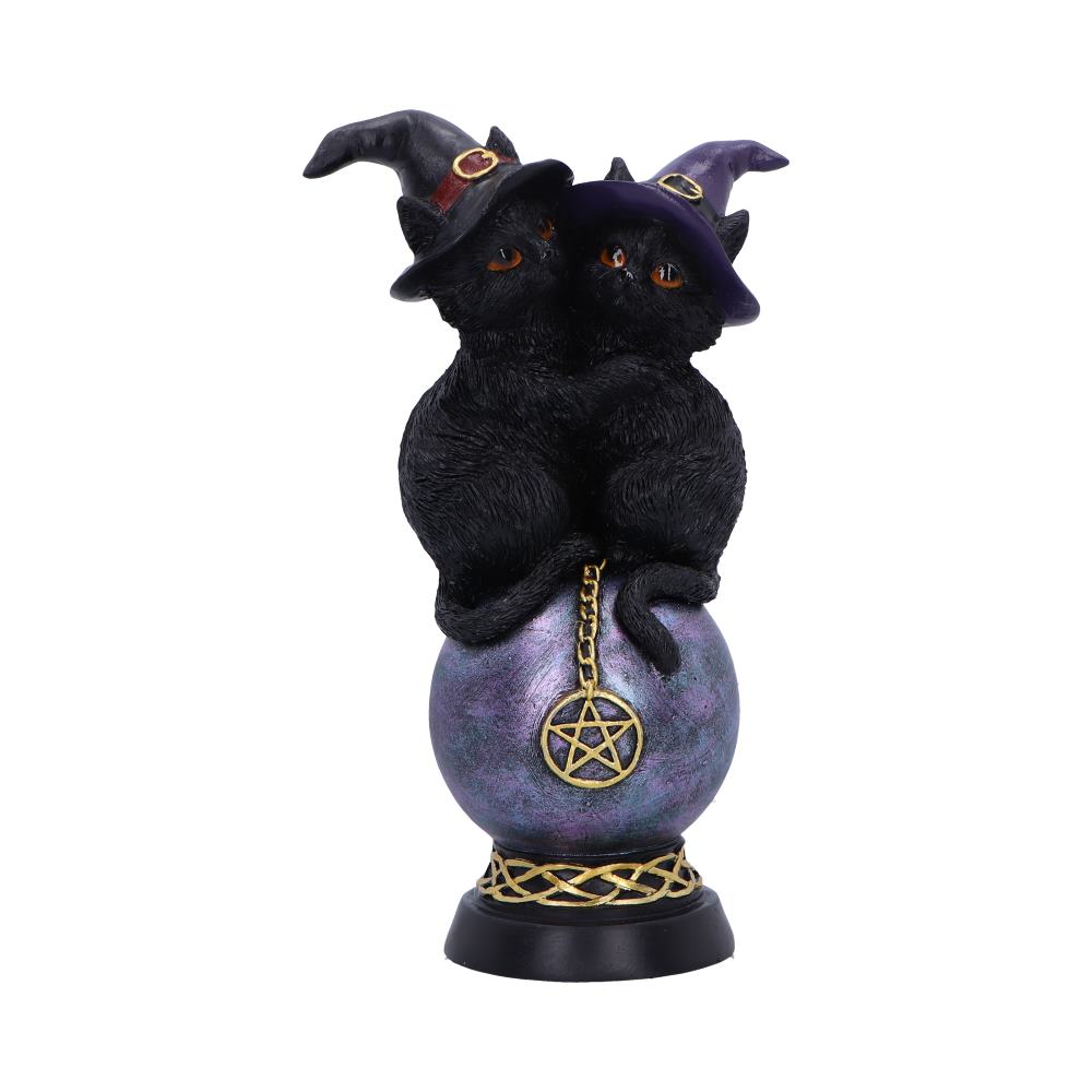 Enchanting design Two witch-hat kittens perched on a crystal ball.
