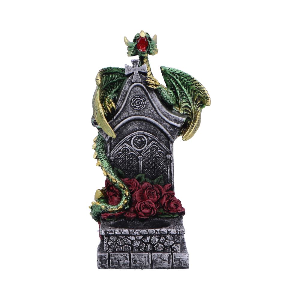 Enchanting dragon design Green dragon coils around a tombstone base.