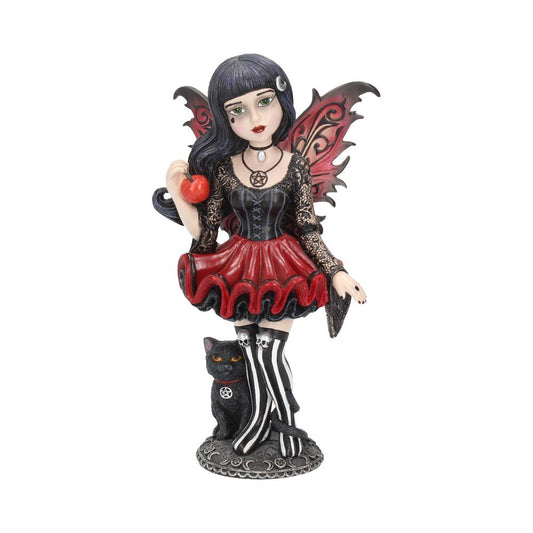 Hazel stands holding the forbidden fruit with her black cat companion.