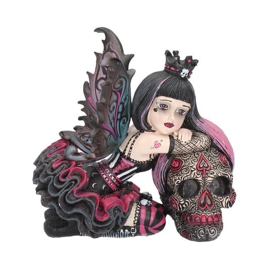 Kneeling Lolita leans on her sugar skull companion sporting beautifully pink-tipped locks.