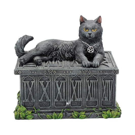 Beautifully crafted Tarot Card Holder topped with a black cat.