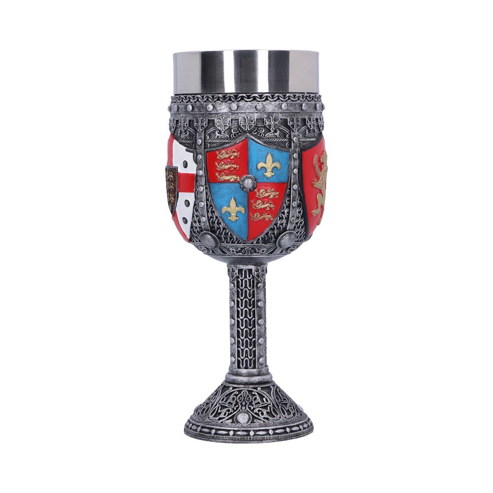 Emblazoned with shields bearing heraldic designs.