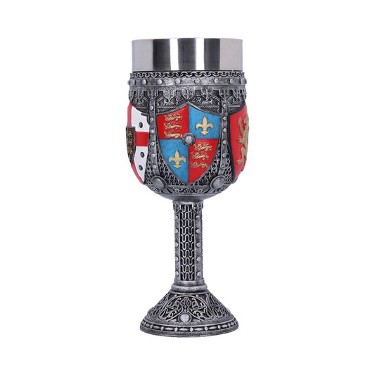 Emblazoned with shields bearing heraldic designs.
