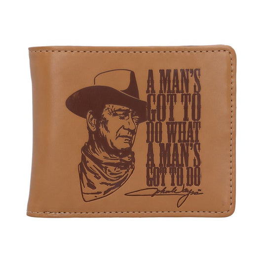 Tan wallet with the words 'A Mans Got To Do What A Mans Got To Do' emblazened across the front.