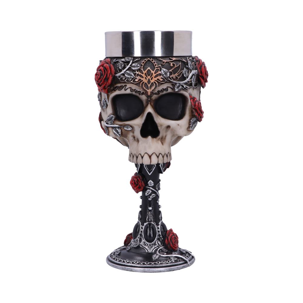 Haunting Skull Goblet covered in jewels and silver vines, holding red roses