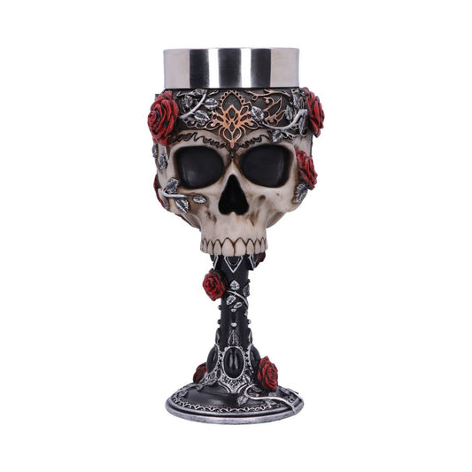 Haunting Skull Goblet covered in jewels and silver vines, holding red roses