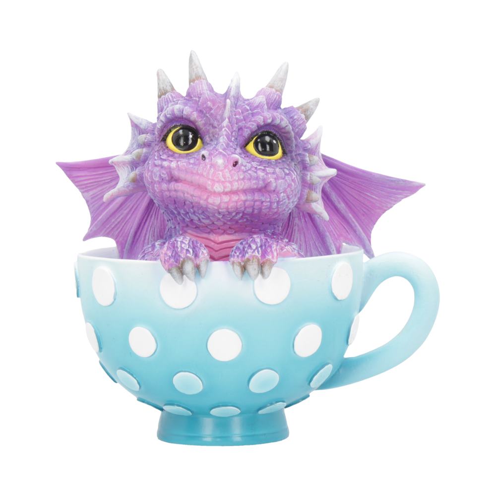 Sitting in a sky-blue polka dot teacup, this little dragon is waiting for you to take them home.