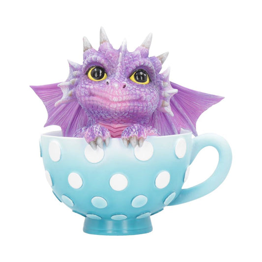 Sitting in a sky-blue polka dot teacup, this little dragon is waiting for you to take them home.
