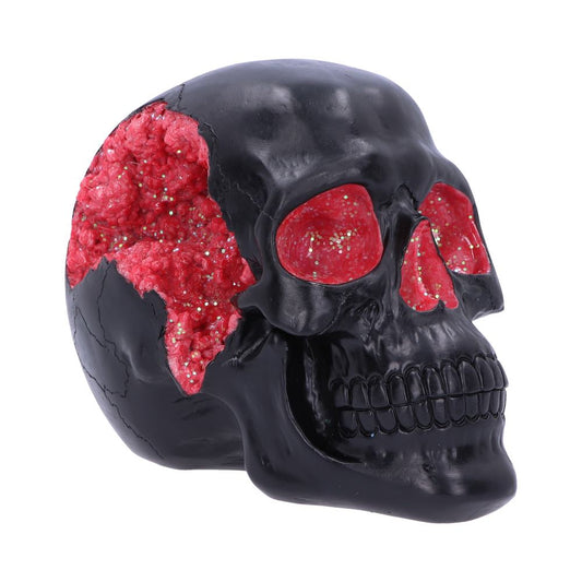 Plain matte black skull complete with a sparkling red geode accent.