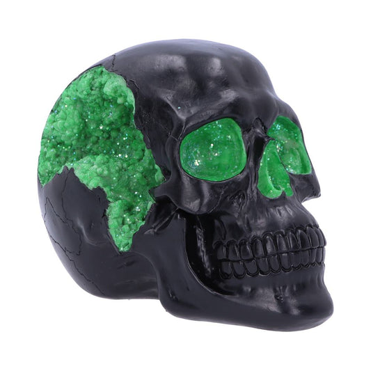 Plain matte black skull complete with a sparkling green geode accent
