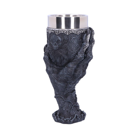 This aged Baphomet hand goblet is emblazoned with eerie motifs.