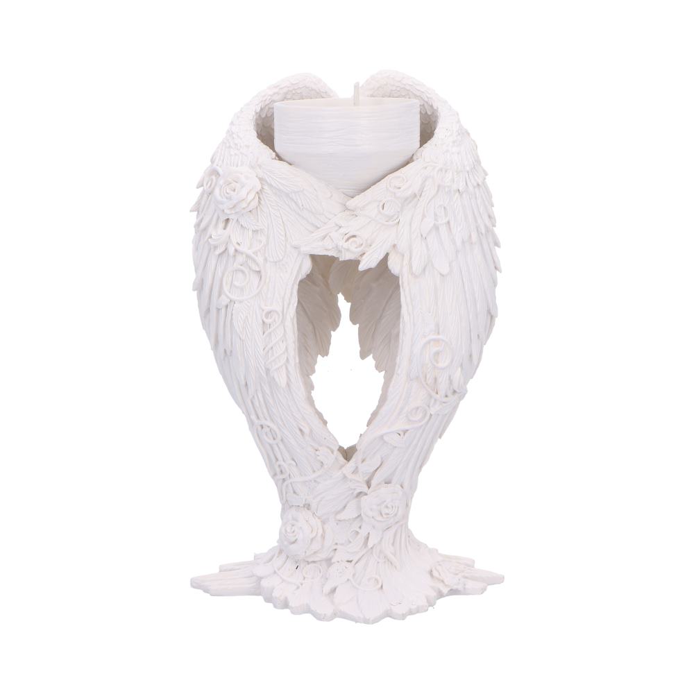 A pair of intricate floral angel wings support a tea light holder