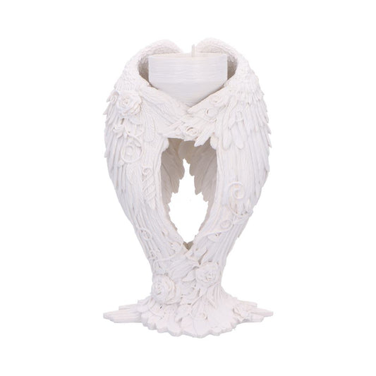 A pair of intricate floral angel wings support a tea light holder