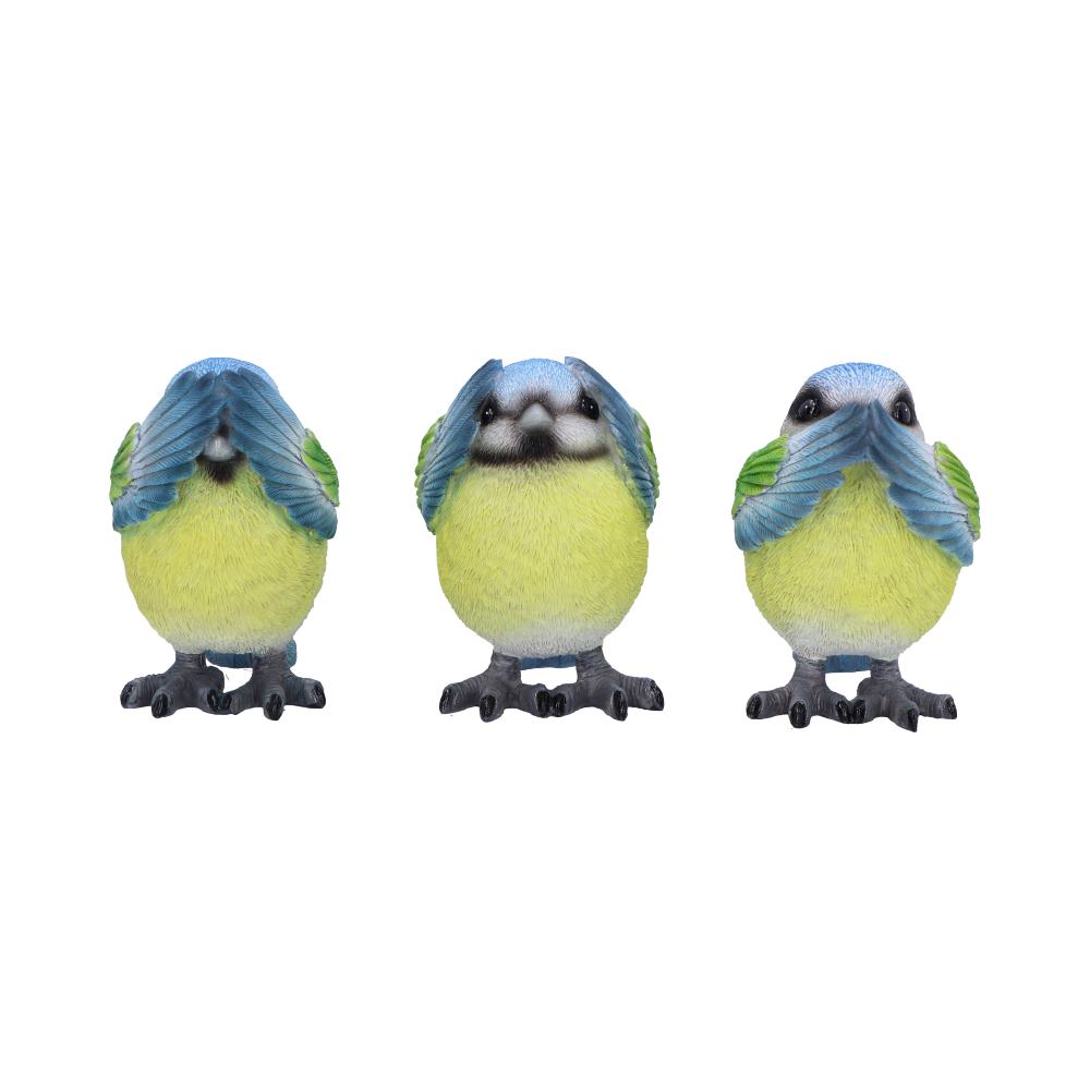 Vibrant set of three blue tit figurines