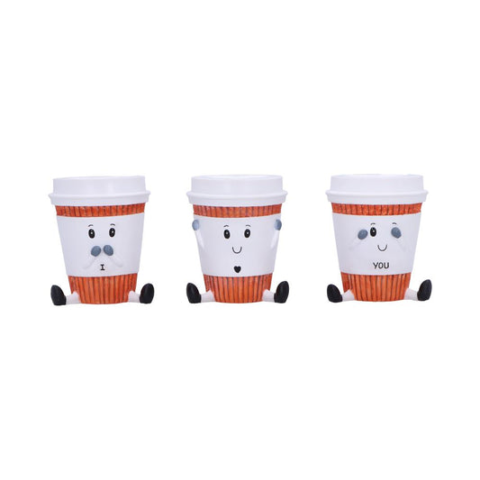 Set of three coffee cup figurines in See No Evil, Hear No Evil, Speak No Evil poses