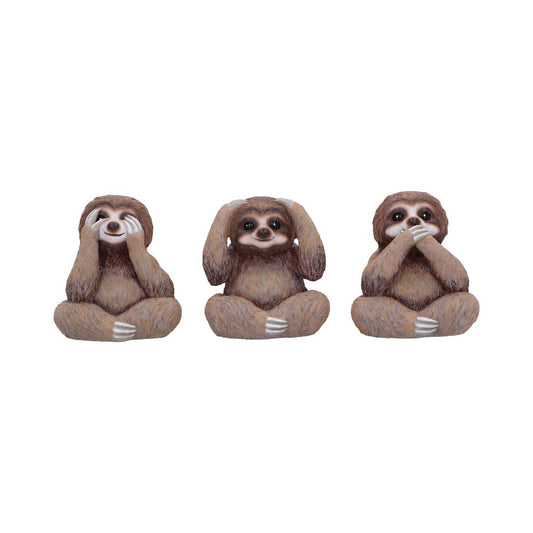Set of three sloth figurines in See No Evil, Hear No Evil, Speak No Evil poses