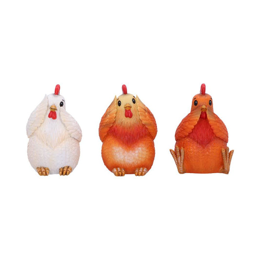 Set of three hen figurines in See No Evil, Hear No Evil, Speak No Evil poses