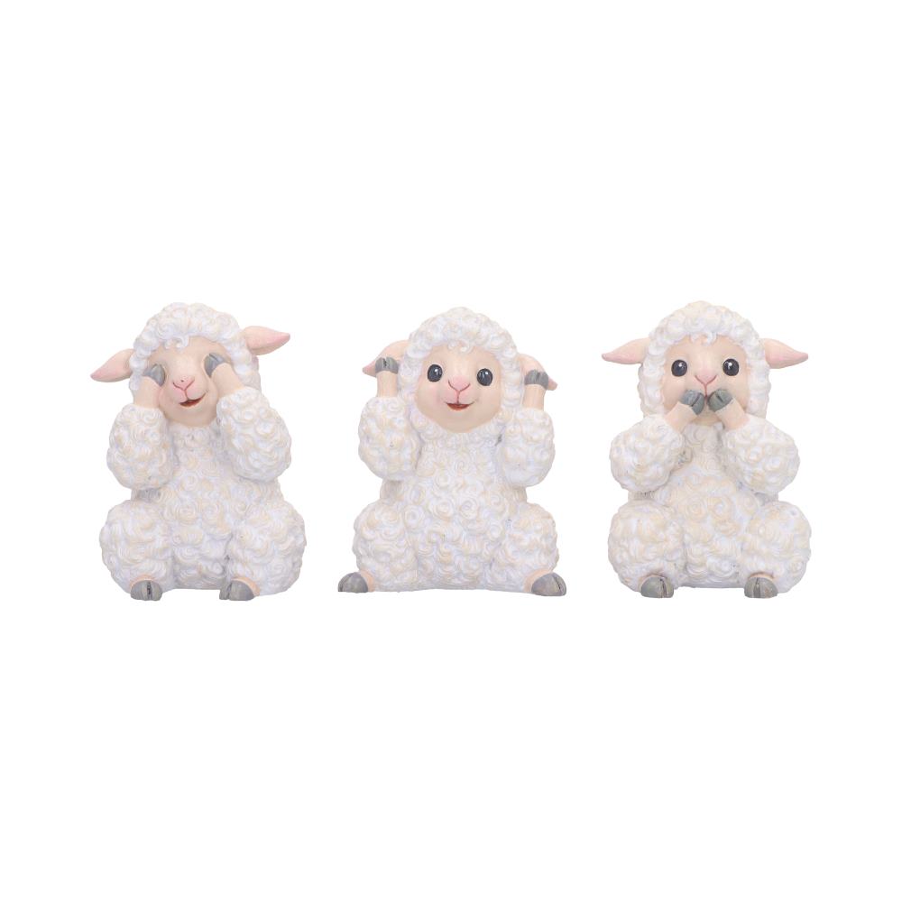 Set of three sheep figurines in the iconic see no evil, hear no evil, speak no evil poses.