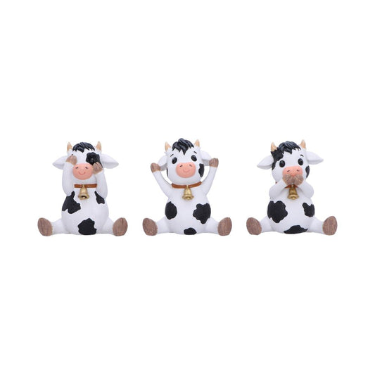 Set of three figurines in see no evil, hear no evil, and speak no evil poses.