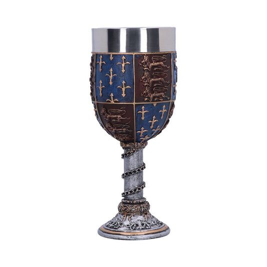 Fleur-De-Lys and golden lions sit on a fields of red and blue on this goblet.