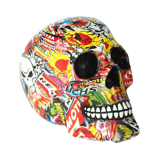 This skull is covered in repurposed corporate logos and cartoons.
