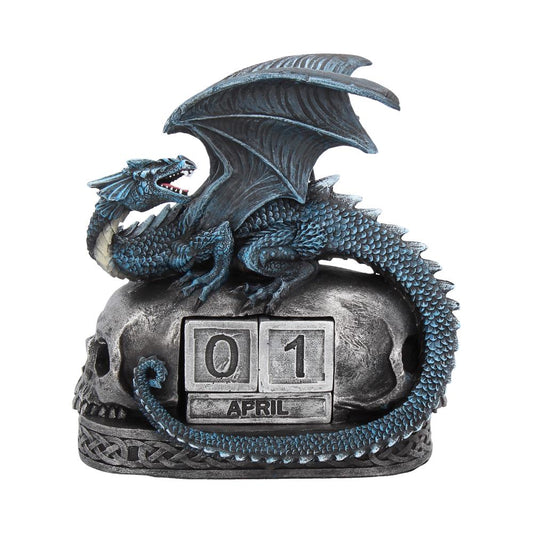 The majestic Blue Dragon rests atop of two pewter-coloured skulls.