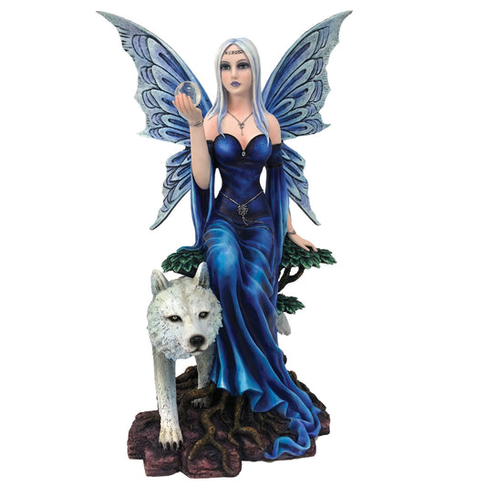 A blue fairy perches next to her white wolf companion.