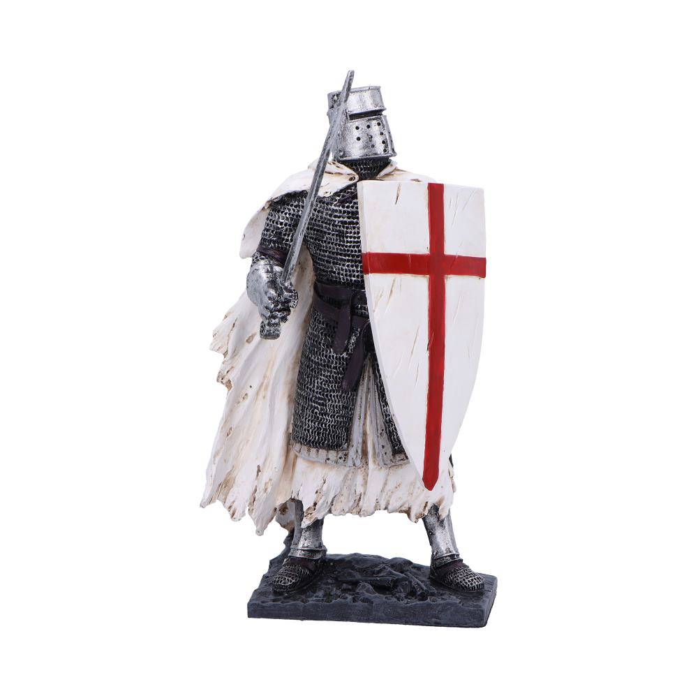 Templar Knight figurine wearing chainmail and white cape holding a sword and shield