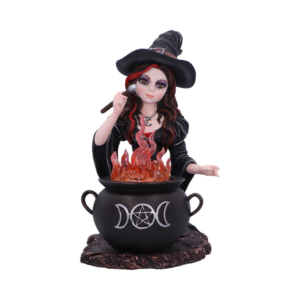Witch figurine kneeling beside a flame-effect cauldron.