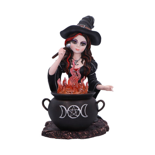 Witch figurine kneeling beside a flame-effect cauldron.