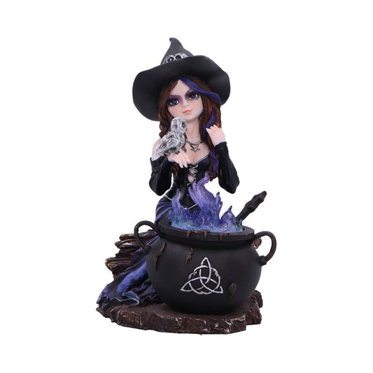 Alvina is a captivating spell-casting witch sitting behind a cauldron.