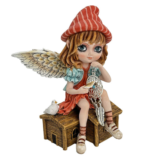 Sits on a cottage with a white bird beside her.