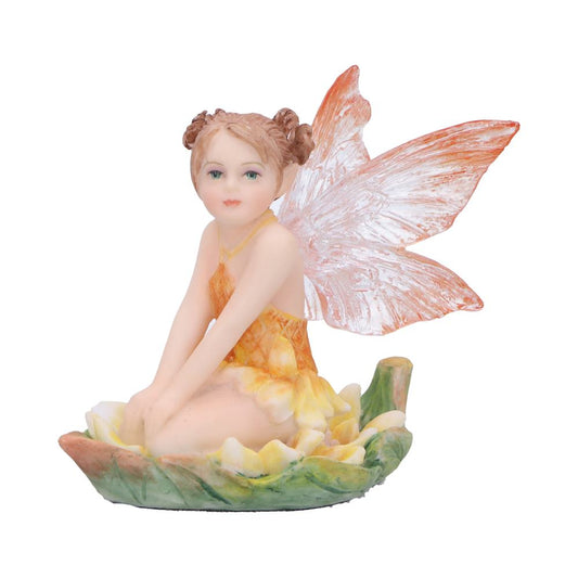 Charming fairy kneeling on a yellow-leaved lily pad.