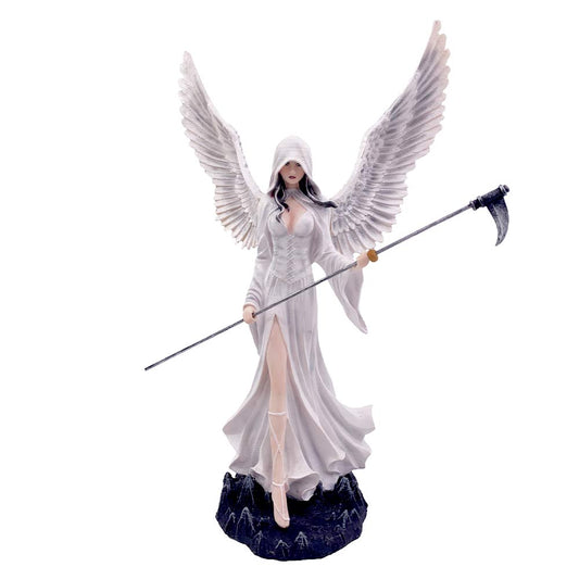 Decorative resin figurine of a hooded angel holding a scythe