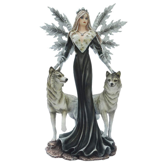 Decorative figurine of an ethereal forest guardian flanked by two wolves